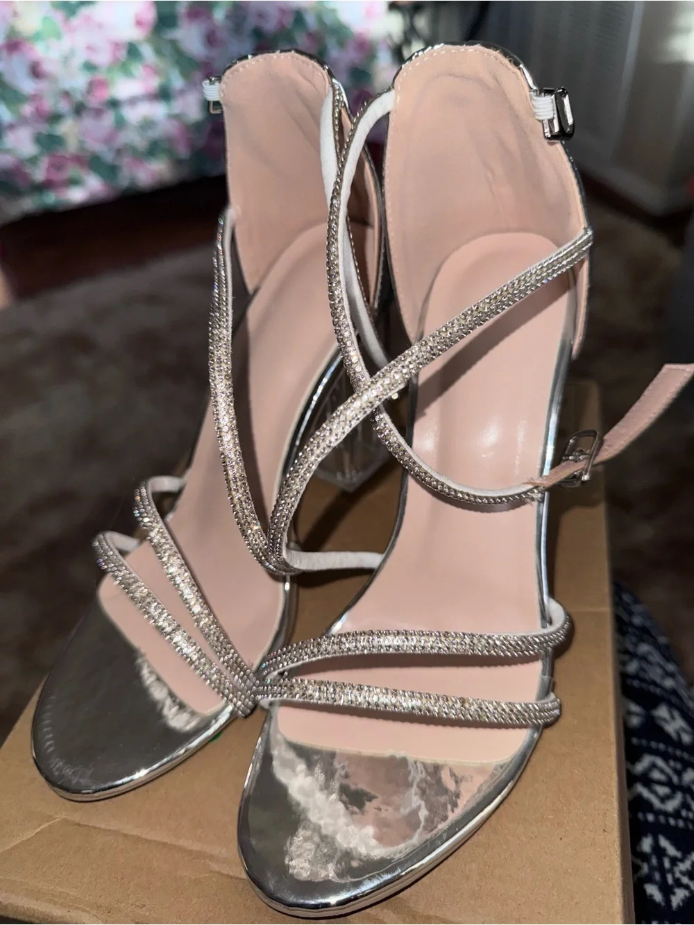 Silver Crystal Strappy Heels for Women